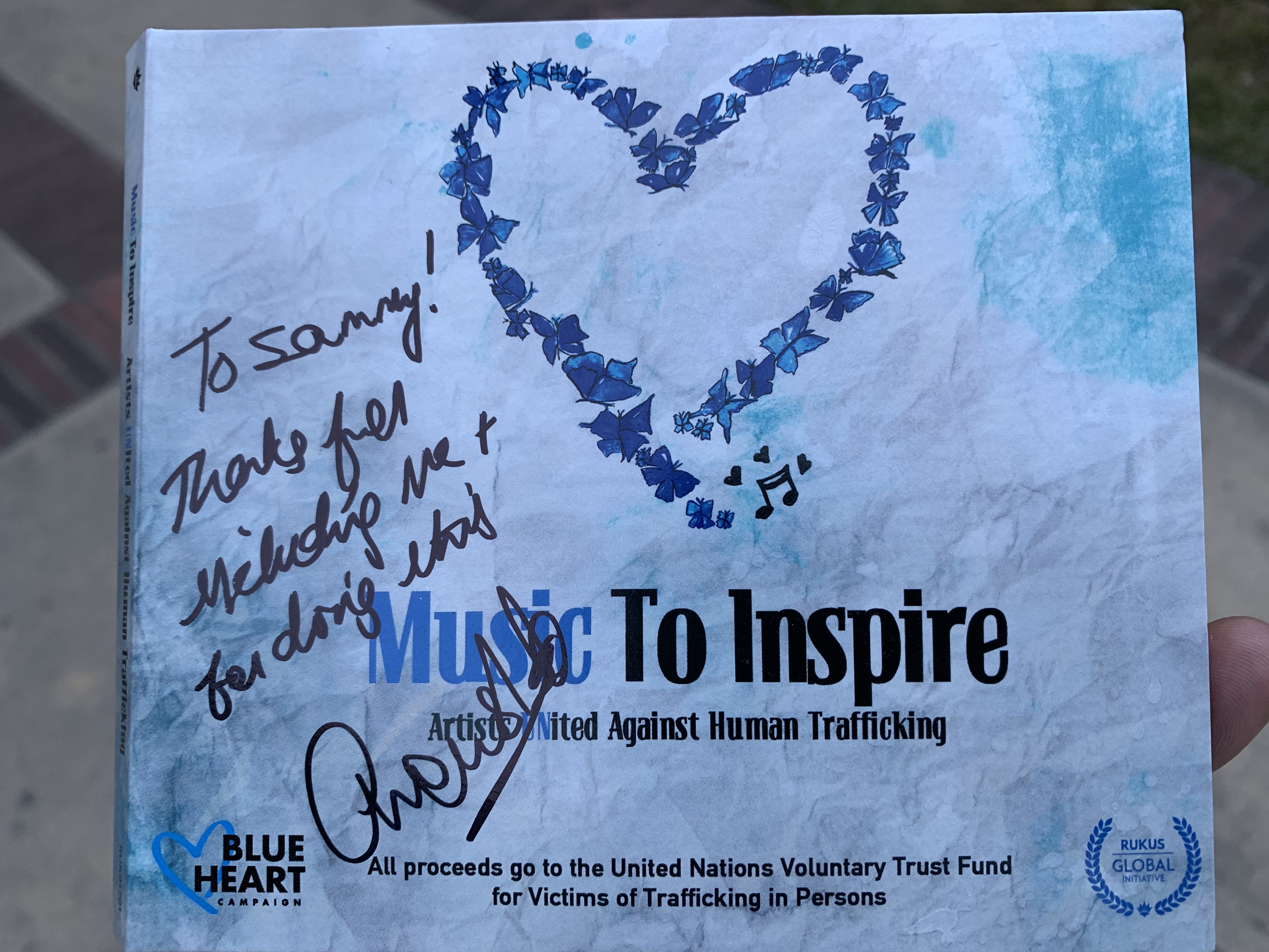 A signed copy of the Music To Inspire album, inscribed to Sammy